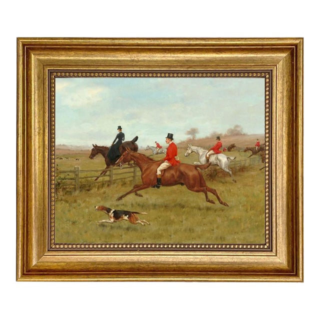 The Chase Equestrian Fox Hunt Scene Oil Painting Print on Canvas in Antiqued Gold Frame For Sale