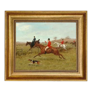 The Chase Equestrian Fox Hunt Scene Oil Painting Print on Canvas in Antiqued Gold Frame