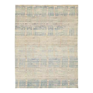 Modern Abstract Plaid Wool Area Rug – Coastal Blue & Sage Green 9x12 For Sale