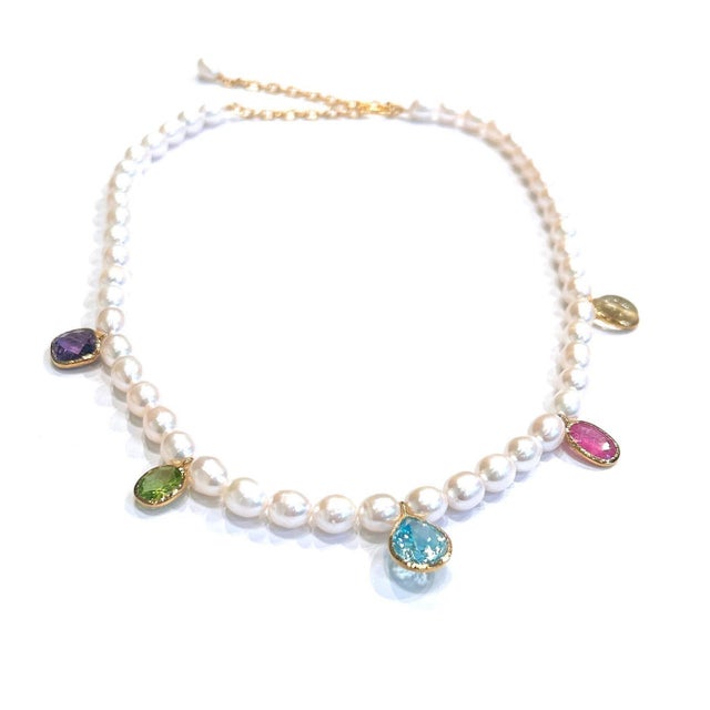 Bochic "Capri" Vintage Pearl, Ruby & Multi Gem Necklace Set 18K Gold & Silver For Sale In New York - Image 6 of 18