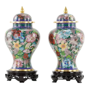 Vintage Cloisonné Pair Jars With Carved Wood Stand