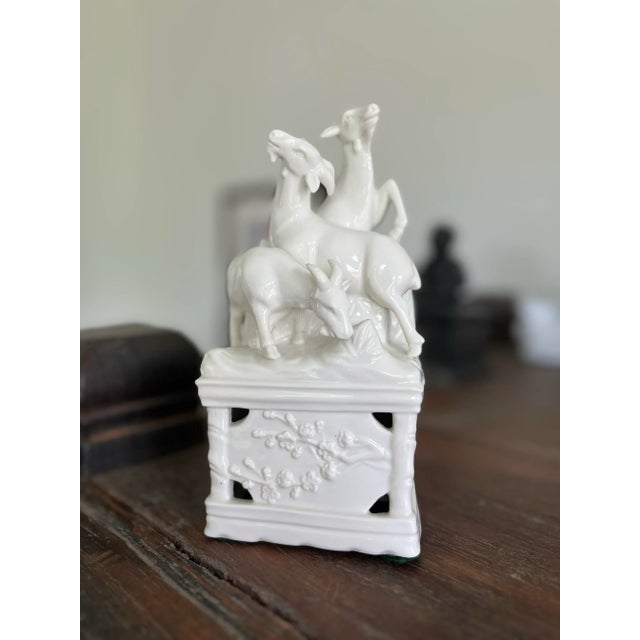 Chinoiserie Vintage Blanc De Chine “Three Auspicious Goats” Ceramic Figure For Sale - Image 3 of 12