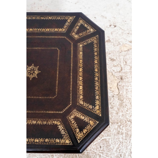 Leather Wrapped Gold Embossed Hollywood Regency Side Table For Sale - Image 12 of 15