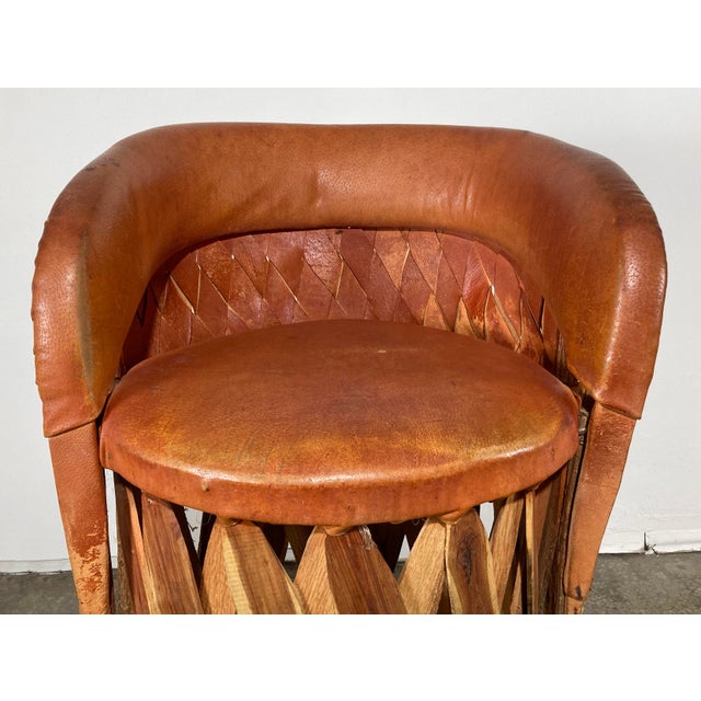 Brown Vintage Mexican Southwest Equipale Leather and Cedar Wood Bar Stools, a Pair For Sale - Image 8 of 12