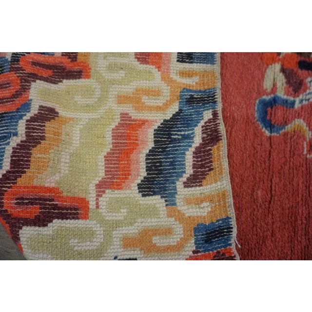 Salmon 1920s Salmon Eight Auspicious Symbols Antique Chinese Ningxia Pillar Carpet 3'7'' X 8'10'' Knotted Wool Rug For Sale - Image 8 of 8