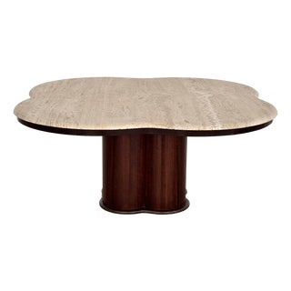 Large Mid-Century Modern Clover Coffee Table in Travertine and Dark Oak, 1970s For Sale
