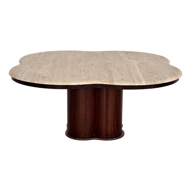 Large Mid-Century Modern Clover Coffee Table in Travertine and Dark Oak, 1970s For Sale
