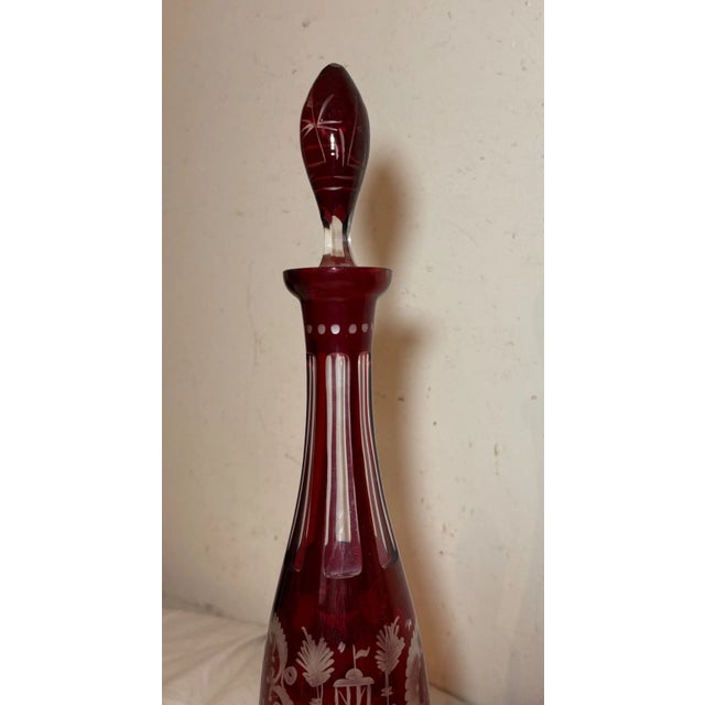 Glass Antique Cut to Clear Crystal Moser Czech Bohemian Etched Red Glass Decanter - Set of 8 For Sale - Image 7 of 12