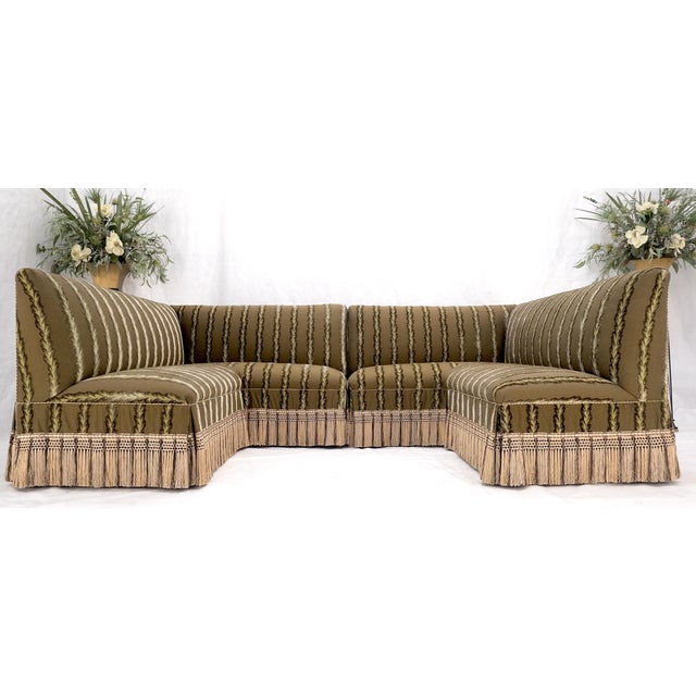 Textile Two Way Two Part "C" Shape Striped Upholstery Custom Sofa Couch w/ Tassels MINT! For Sale - Image 7 of 16