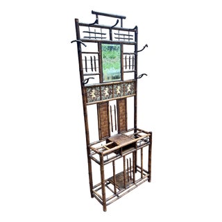 Victorian Bamboo Coat Stand with Mirror and Umbrella Stand, 1890s For Sale