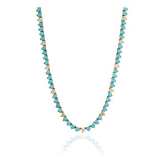 18k Yellow Gold 13.8ct Round Sleeping Beauty Turquoise & Diamond Tennis Necklace For Sale
