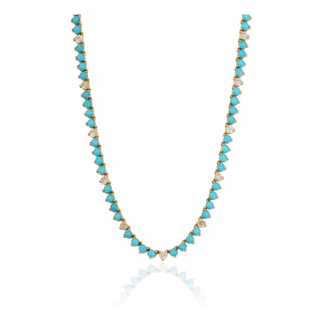 18k Yellow Gold 13.8ct Round Sleeping Beauty Turquoise & Diamond Tennis Necklace For Sale