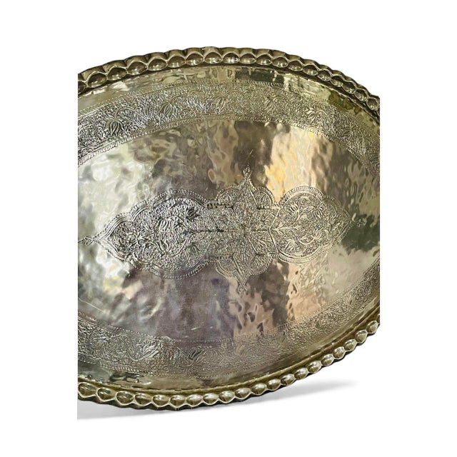 56” Large Oval Etched Brass Hammered Tray With Scalloped Edge For Sale - Image 6 of 12