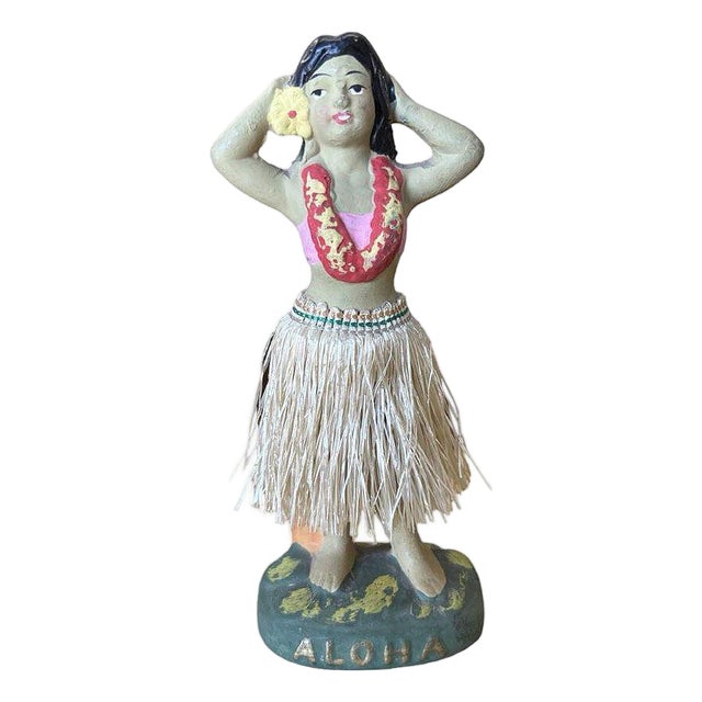 Mid 20th Century Post War Ceramic "Aloha" Hawaiian Dancing Hula Girl W/ Lei & Grass Skirt For Sale
