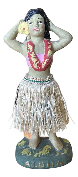 Mid 20th Century Post War Ceramic "Aloha" Hawaiian Dancing Hula Girl W/ Lei & Grass Skirt
