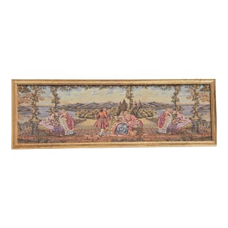 Large Vintage Framed European Hand Crafted Rococo-Style Needlepoint Tapestry Wall Hanging – Romantic Garden Scene For Sale