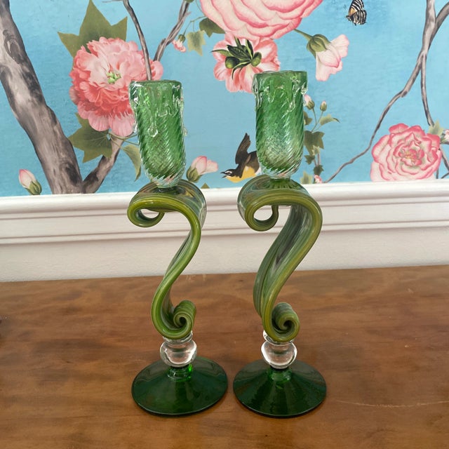 Late 20th Century Late 20th Century Essie Zareh Green Blown Glass Candlesticks- a Pair For Sale - Image 5 of 11