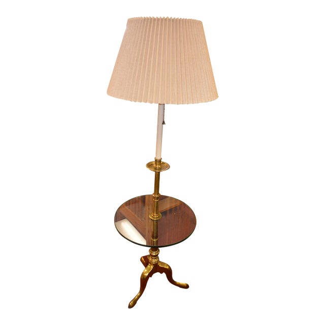 Vintage Mid Century Stiffel Tripod Feet Solid Brass Floor Lamp With Round Center Glass Table Top For Sale
