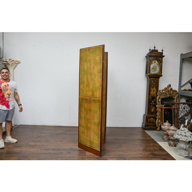 Antique English Leather Four-Panel Room Divider, Early 1900s Decorative Screen For Sale - Image 9 of 12
