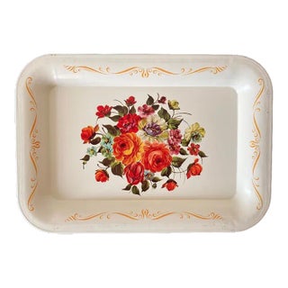 Vintage Victorian Floral Red Roses & Ivory Toleware Tray or Coaster For Sale