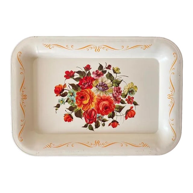 Vintage Victorian Floral Red Roses & Ivory Toleware Tray or Coaster For Sale