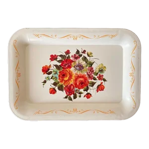 Vintage Victorian Floral Red Roses & Ivory Toleware Tray or Coaster