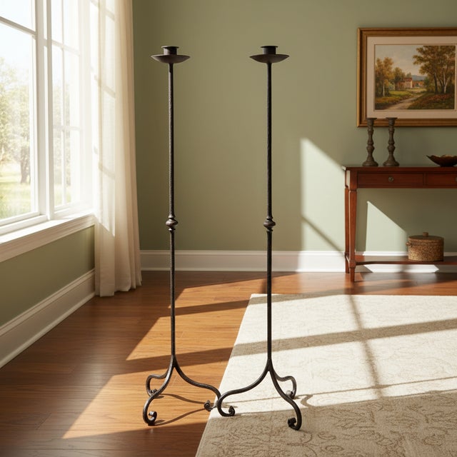 Rustic Hand Forged Iron Candelabra Pair (105cm) Antique Copper Tapered Stem with Scroll Base For Sale - Image 3 of 8