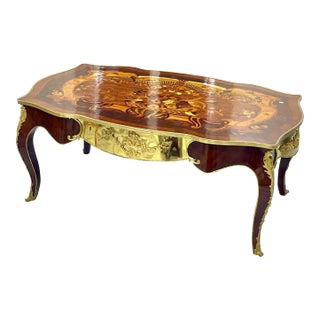 Monumental French Rococo Coffee Table With Marquetry Inlay & Gilded Bronze Mounts For Sale