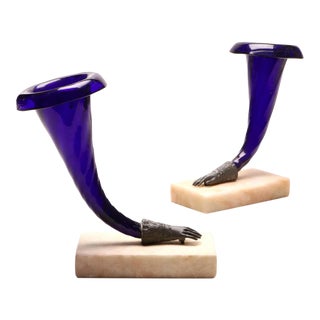 Antique Cobalt Glass Cornucopia Shape Marble Mantel Vases - a Pair For Sale
