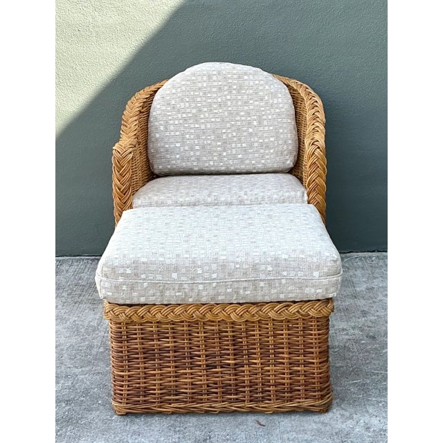 Mid-Century Modern Vintage Braided Rattan Lounge Chair and Ottoman For Sale - Image 3 of 12