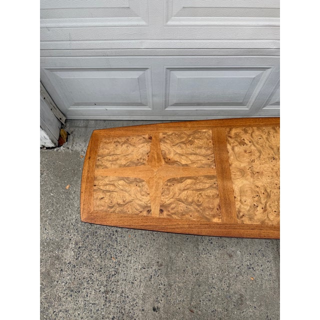 Vintage Mid-Century Modern Burl Wood Coffee Table With Inlaid Top, Tapered Legs and Brass Feet For Sale - Image 11 of 12