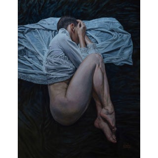 See No Evil by Dave Seeley | Oil on canvas on panel Depiction of a figure curled up in a white cloth. For Sale