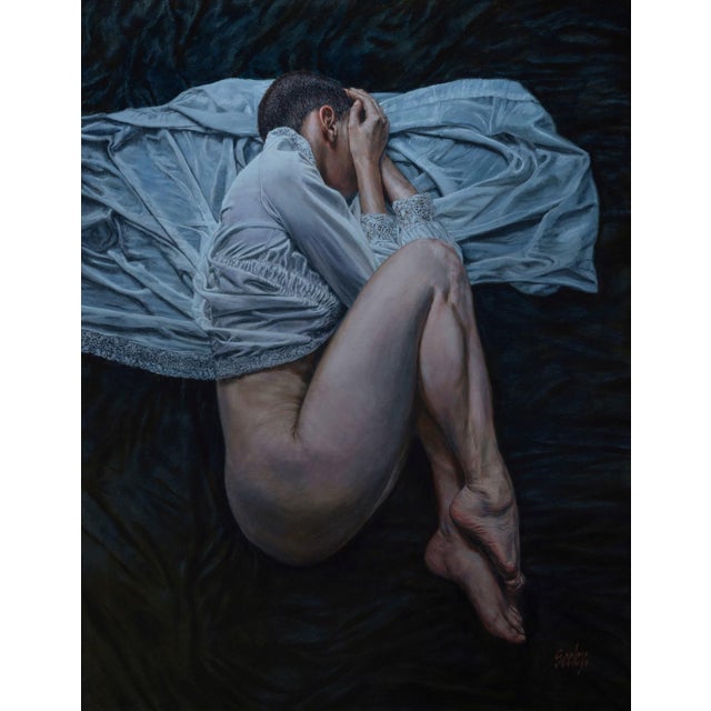 See No Evil by Dave Seeley | Oil on canvas on panel Depiction of a figure curled up in a white cloth. For Sale