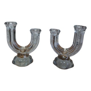 Art Deco Double Candlestick in Molded Pressed Glass, 1930, Set of 2 For Sale
