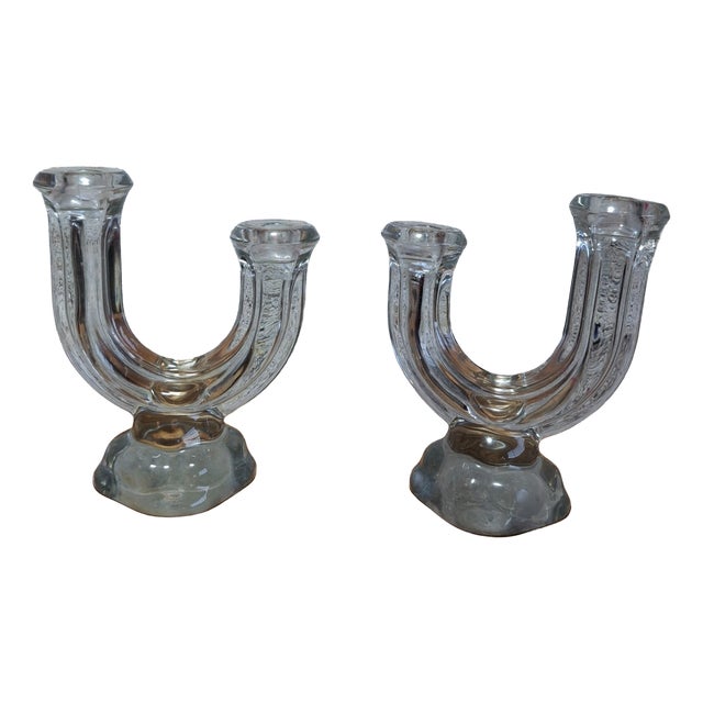 Art Deco Double Candlestick in Molded Pressed Glass, 1930, Set of 2 For Sale
