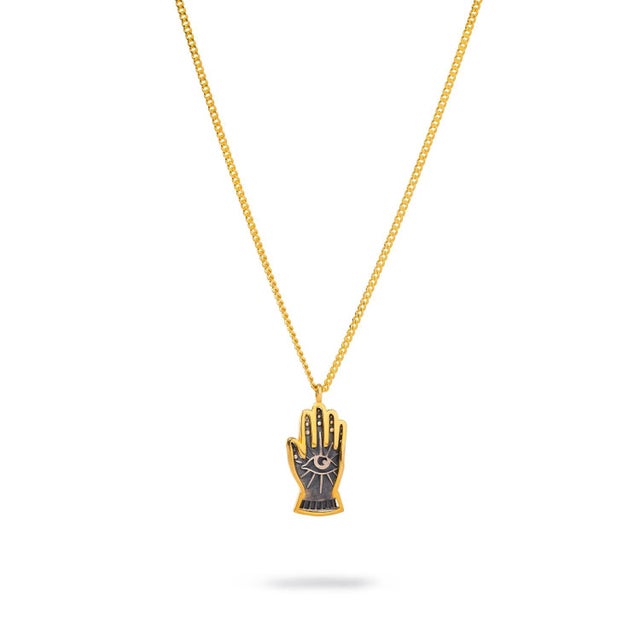 Contemporary Energy Flow Hamsa Hand Evil Eye Pendant Gold Chain Necklace For Sale - Image 3 of 8