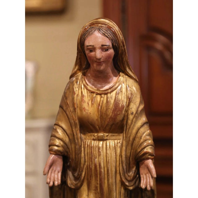 Figurative 19th Century French Polychrome and Giltwood Virgin Mary Statue For Sale - Image 3 of 10