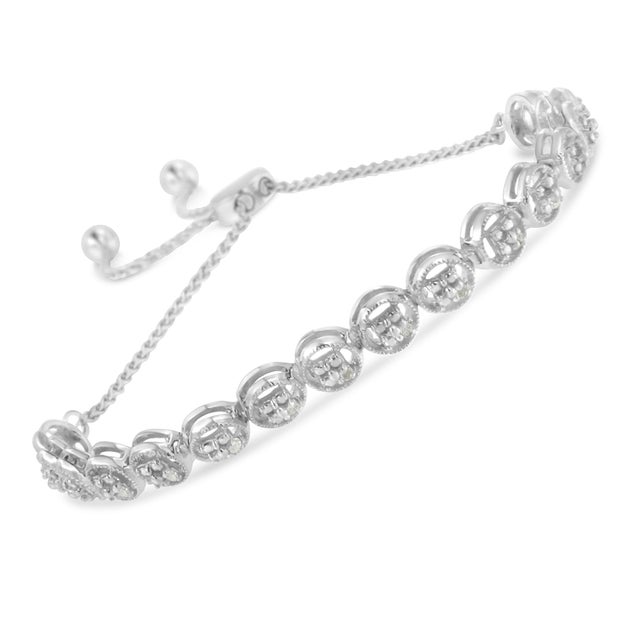 Contemporary .925 Sterling Silver 1/10 Cttw Round Diamond Bolo Bracelet (I-J Color, I3 Clarity) For Sale - Image 3 of 6