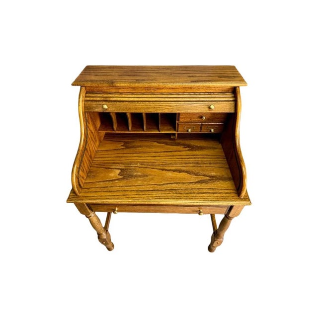 Vintage C .1970's Solid Oak Bradford Style Mini Roll-Top Desk For Sale - Image 11 of 11