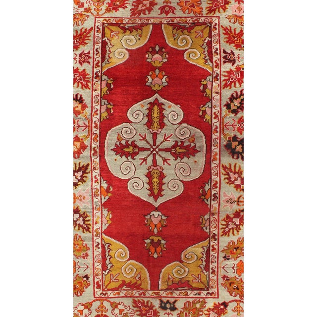 Shabby Chic Antique Turkish Oushak Rug With Bright Red Ground and Center Medallion For Sale - Image 3 of 8