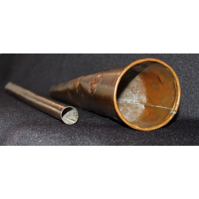 Bone Antique Copper Horn Vessel 33” Tall | Handcrafted Riveted Primitive Folk Decorative Object For Sale - Image 7 of 9