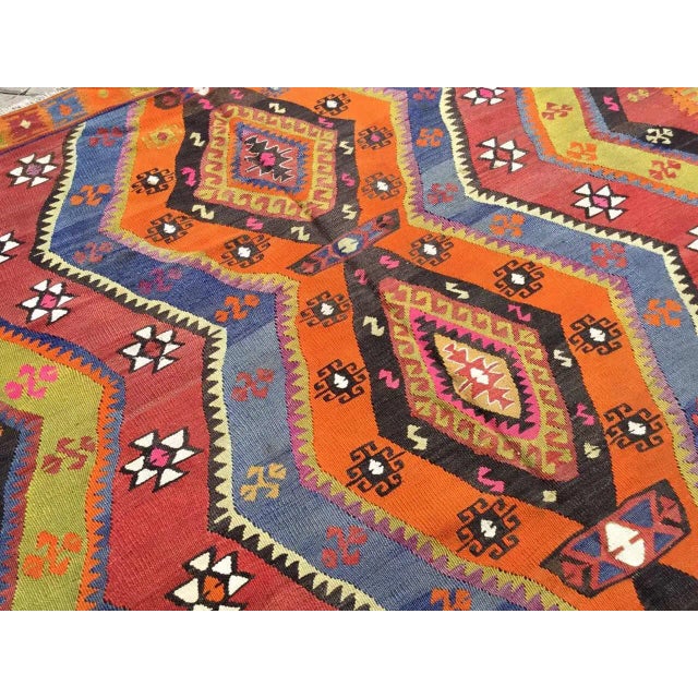 Orange Blue and Orange Vintage Turkish Kilim Rug - 64.5" X 110" For Sale - Image 8 of 10