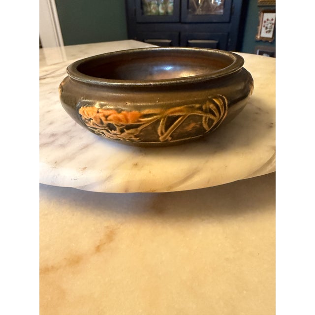 Brown Antique 2pc Roseville Rosecraft Panel Pottery 6.5" & 5" Console Bowl - A Pair For Sale - Image 8 of 13