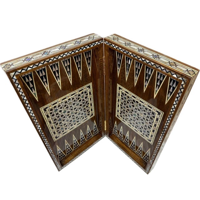 Mediterranean Handmade Mother of Pearl Backgammon & Chess Board 21” Wooden Game Set For Sale - Image 3 of 11