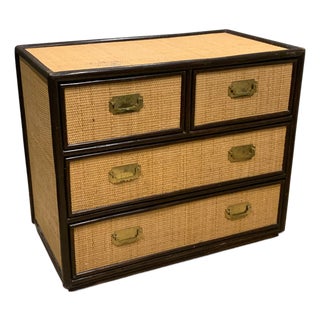 Mid-Century Chest of Drawers in Rattan and Ebonised Wood with Brass Handles, 1890s For Sale