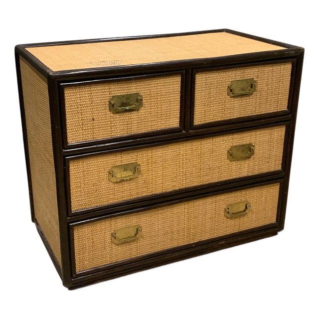 Mid-Century Chest of Drawers in Rattan and Ebonised Wood with Brass Handles, 1890s For Sale