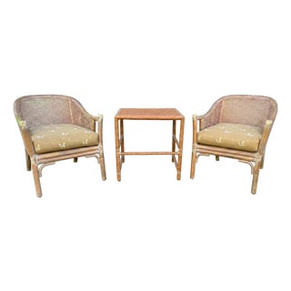 Pair of McGuire Cane & Rattan Chairs With Side Table, Late 20th Century For Sale