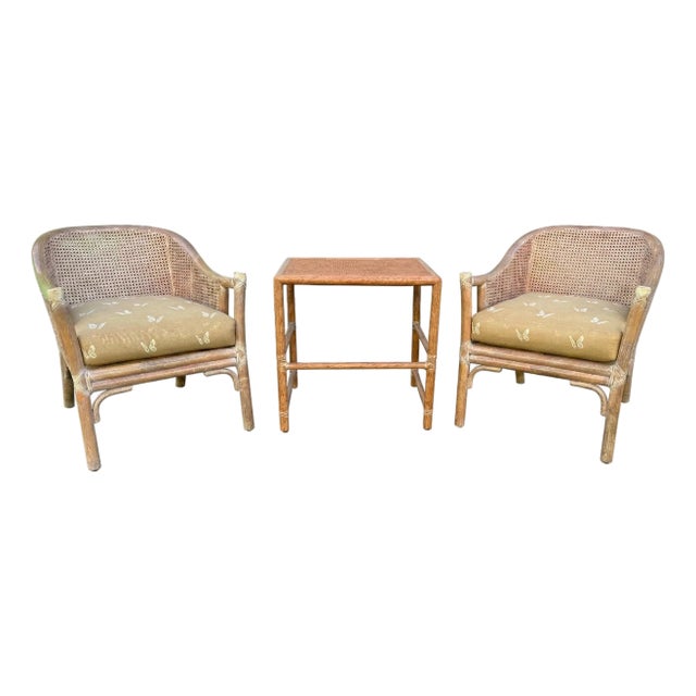 Pair of McGuire Cane & Rattan Chairs With Side Table, Late 20th Century For Sale