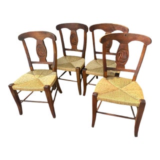 Vintage Artisanal Carved Swans on Mexican Sabino Wood and Rush Seat Dining Chairs - Set of 4 For Sale