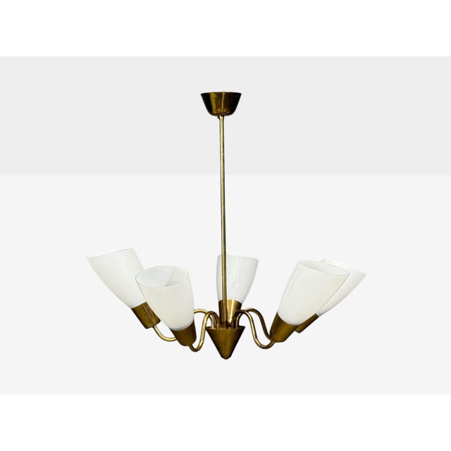 Mid-Century Modern 1940s Itsu, Finnish Modern, Chandelier, Brass, Glass For Sale - Image 3 of 11